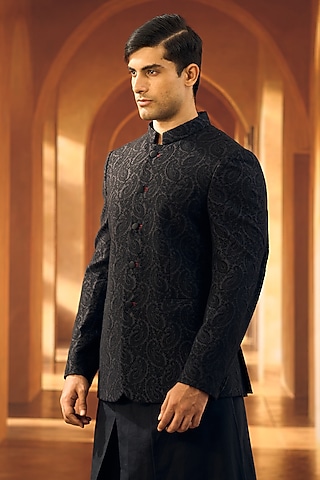 Black Moonga Silk Motifs Embroidered Bandhgala by Vivek Karunakaran