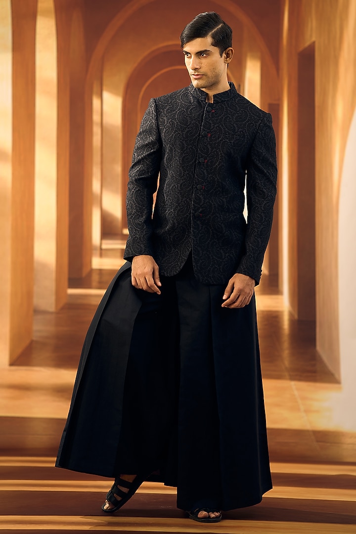 Black Moonga Silk Motifs Embroidered Wedding Bandhgala by Vivek Karunakaran at Pernia's Pop Up Shop