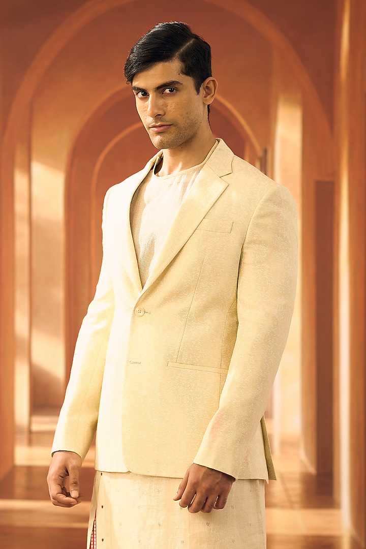 Cream Semi Silk Jacket by Vivek Karunakaran at Pernia's Pop Up Shop