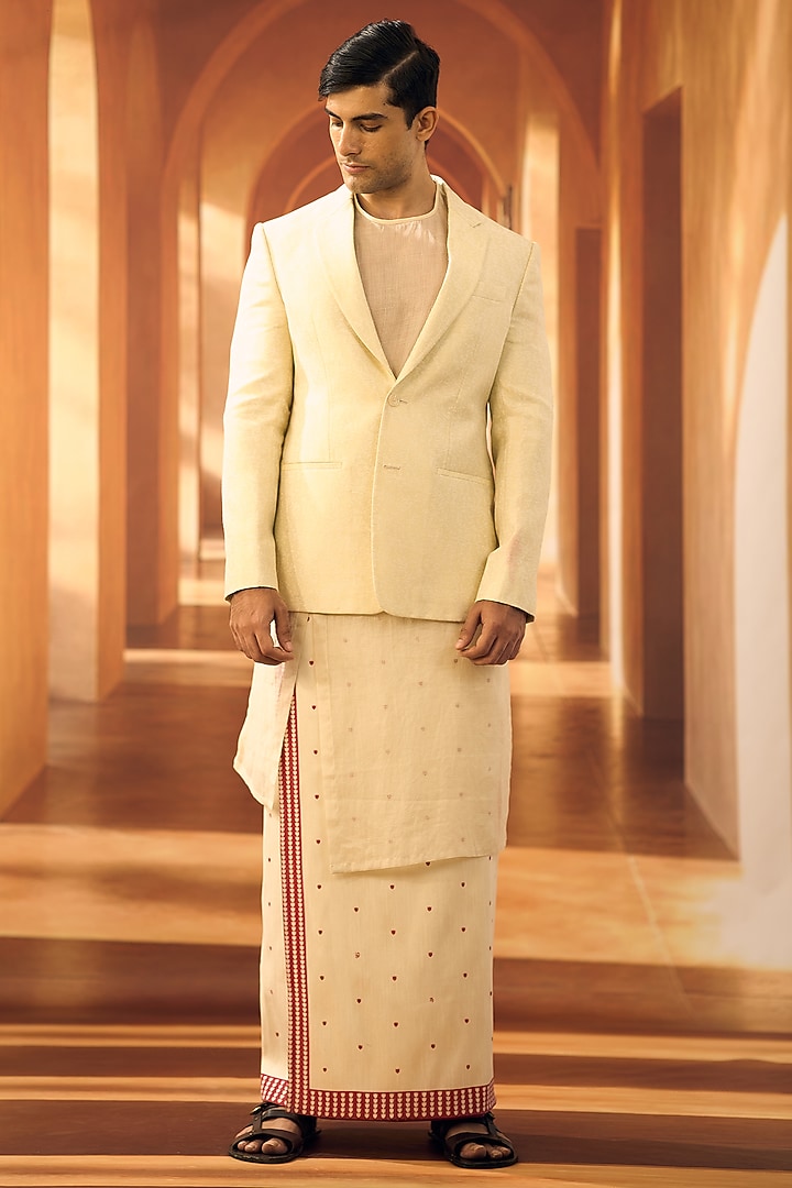 Cream Semi Silk Jacket by Vivek Karunakaran at Pernia's Pop Up Shop
