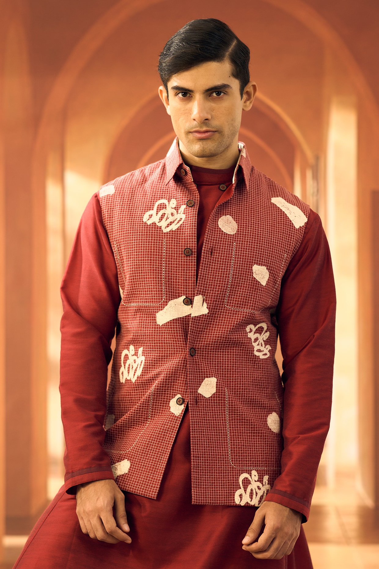 Vivek Karunakaran Red Linen Abstract Printed Bundi Jacket