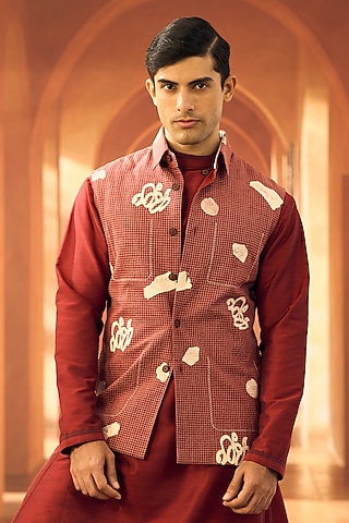 Red Linen Abstract Printed Bundi Jacket by Vivek Karunakaran