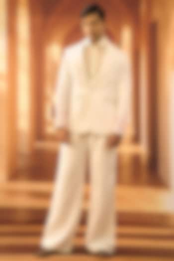 White Linen Floral Block Printed Jacket Set by Vivek Karunakaran at Pernia's Pop Up Shop