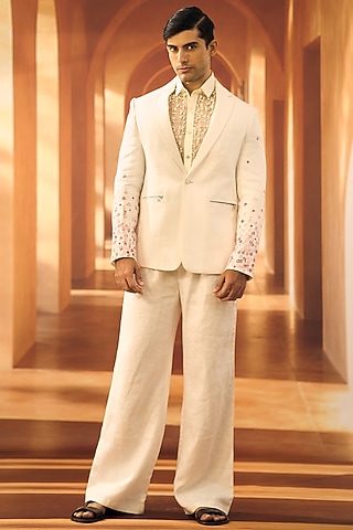 White Linen Floral Block Printed Jacket Set by Vivek Karunakaran