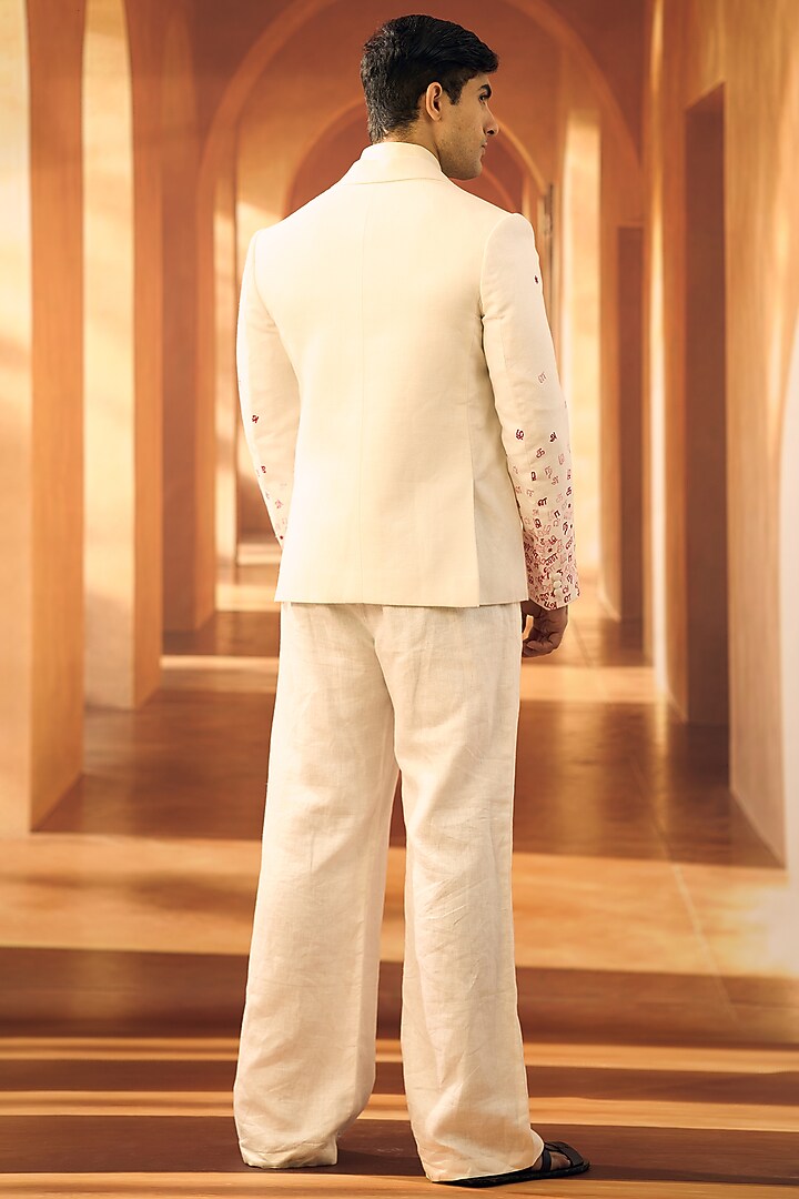White Linen Floral Block Printed Jacket Set by Vivek Karunakaran at Pernia's Pop Up Shop
