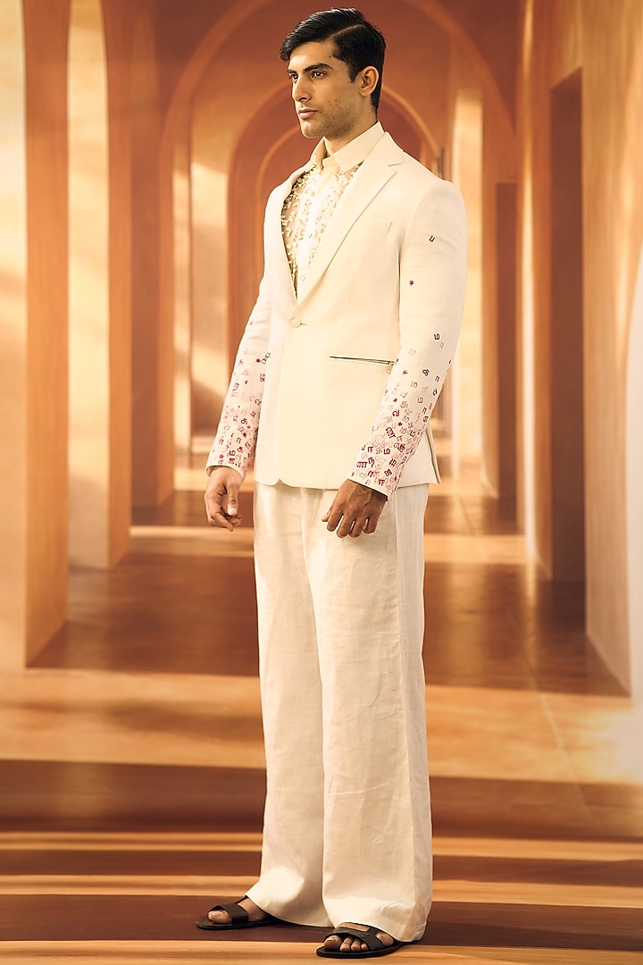 White Linen Floral Block Printed Jacket Set by Vivek Karunakaran at Pernia's Pop Up Shop
