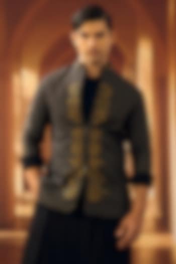 Black Semi Raw Silk Applique Embroidered Shacket by Vivek Karunakaran at Pernia's Pop Up Shop