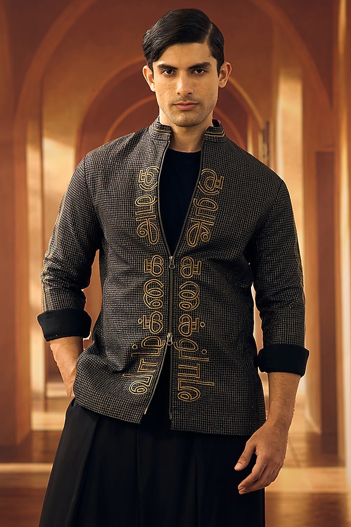Black Semi Raw Silk Applique Embroidered Shacket by Vivek Karunakaran at Pernia's Pop Up Shop