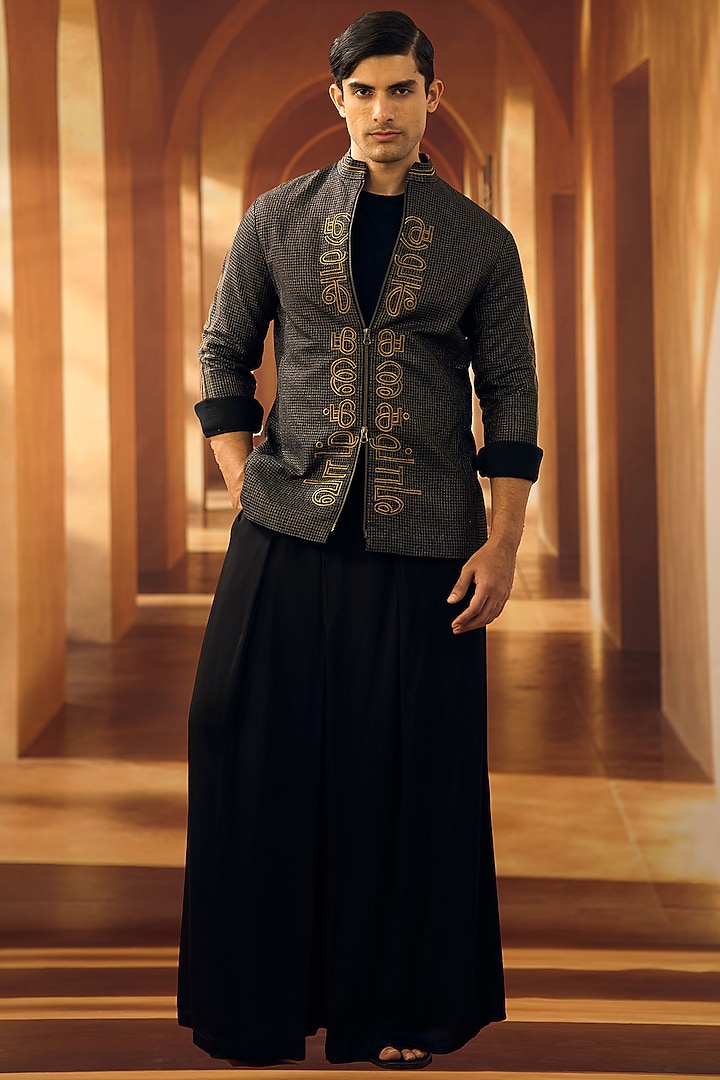 Black Semi Raw Silk Applique Embroidered Shacket by Vivek Karunakaran at Pernia's Pop Up Shop