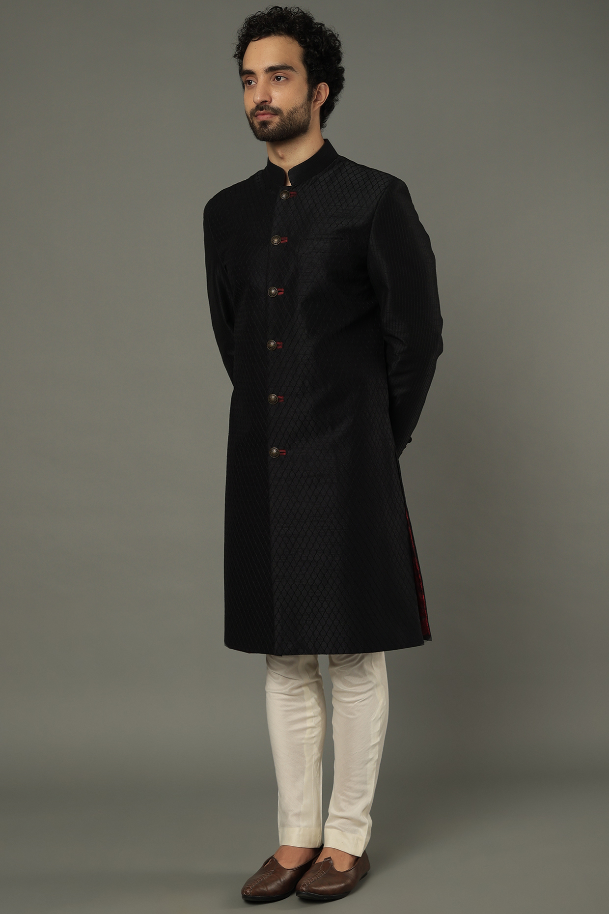 Black Embroidered Sherwani Set by Vivek Karunakaran