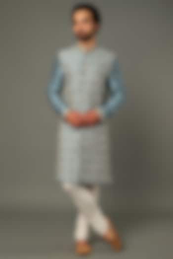 Lake Blue Embroidered Sherwani Set by Vivek Karunakaran