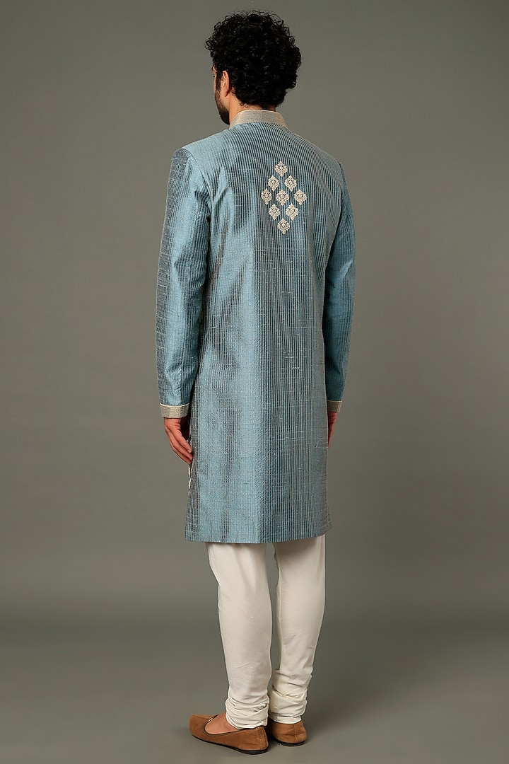 Lake Blue Embroidered Wedding Sherwani Set by Vivek Karunakaran at Pernia's Pop Up Shop