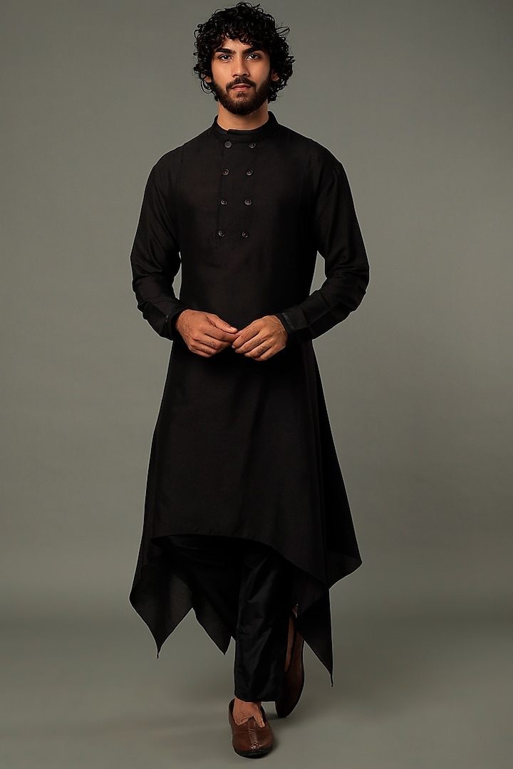 Black Cotton Handkerchief Kurta Set by Vivek Karunakaran at Pernia's Pop Up Shop