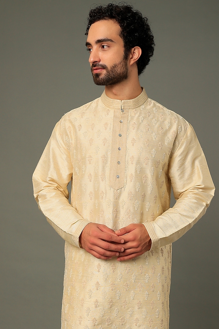 Cream Raw Silk Motifs Embroidered Long Kurta Set by Vivek Karunakaran at Pernia's Pop Up Shop