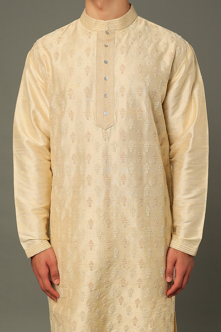 Cream Raw Silk Motifs Embroidered Long Kurta Set by Vivek Karunakaran at Pernia's Pop Up Shop