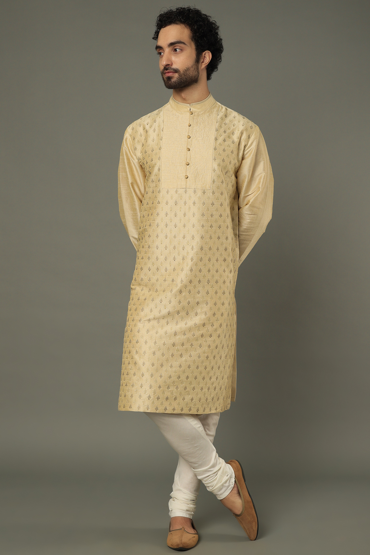 Beige Embroidered Sherwani Set by Vivek Karunakaran