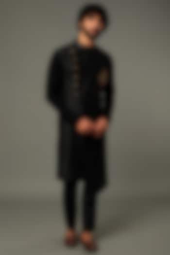 Black Cotton Embroidered Kurta Set by Vivek Karunakaran at Pernia's Pop Up Shop