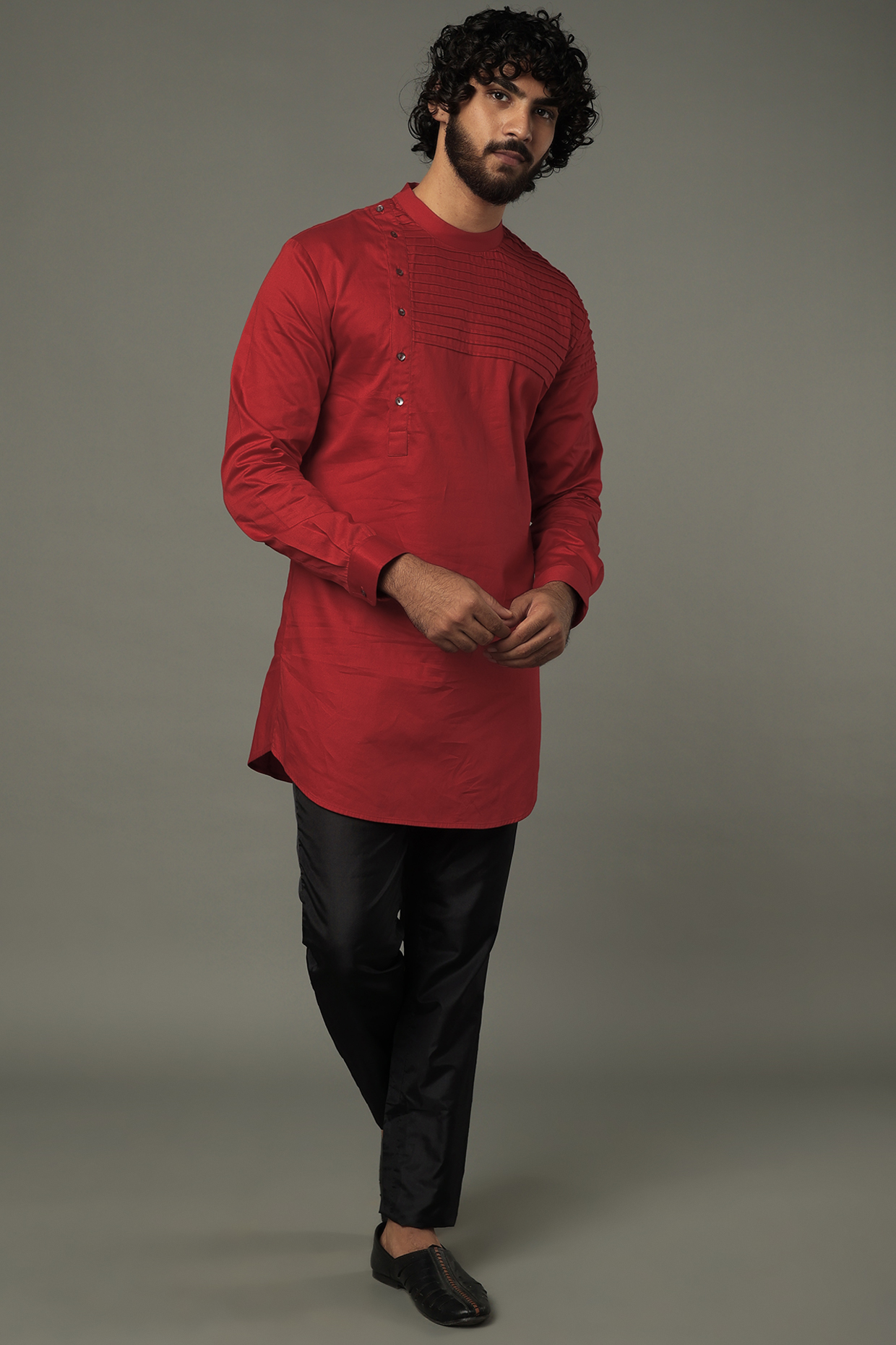 Red Poplin Kurta by Vivek Karunakaran at Pernia's Pop Up Shop