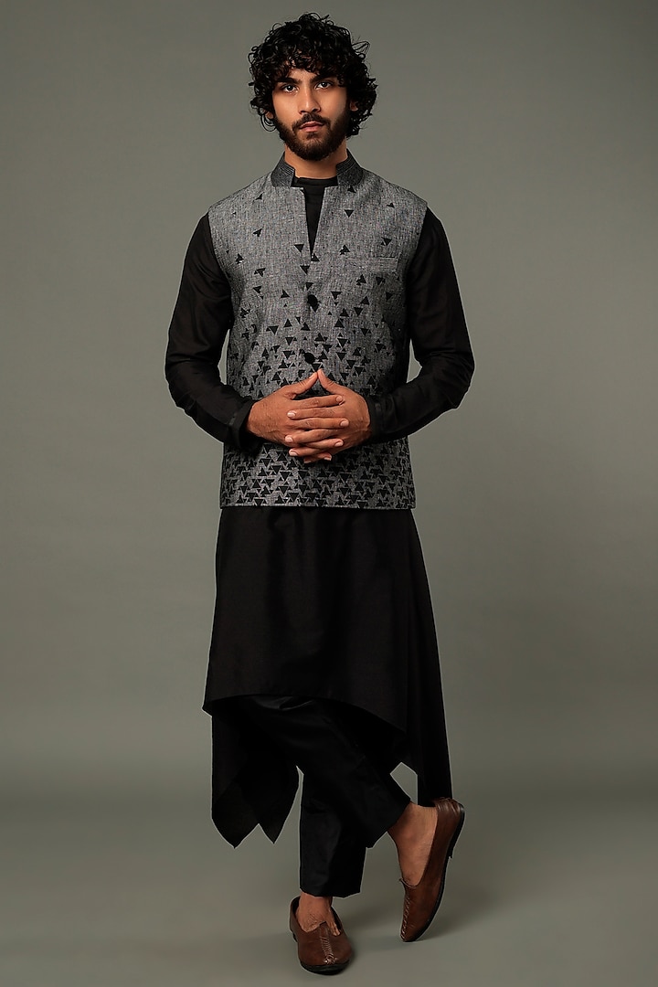 Grey Printed Bundi Jacket by Vivek Karunakaran