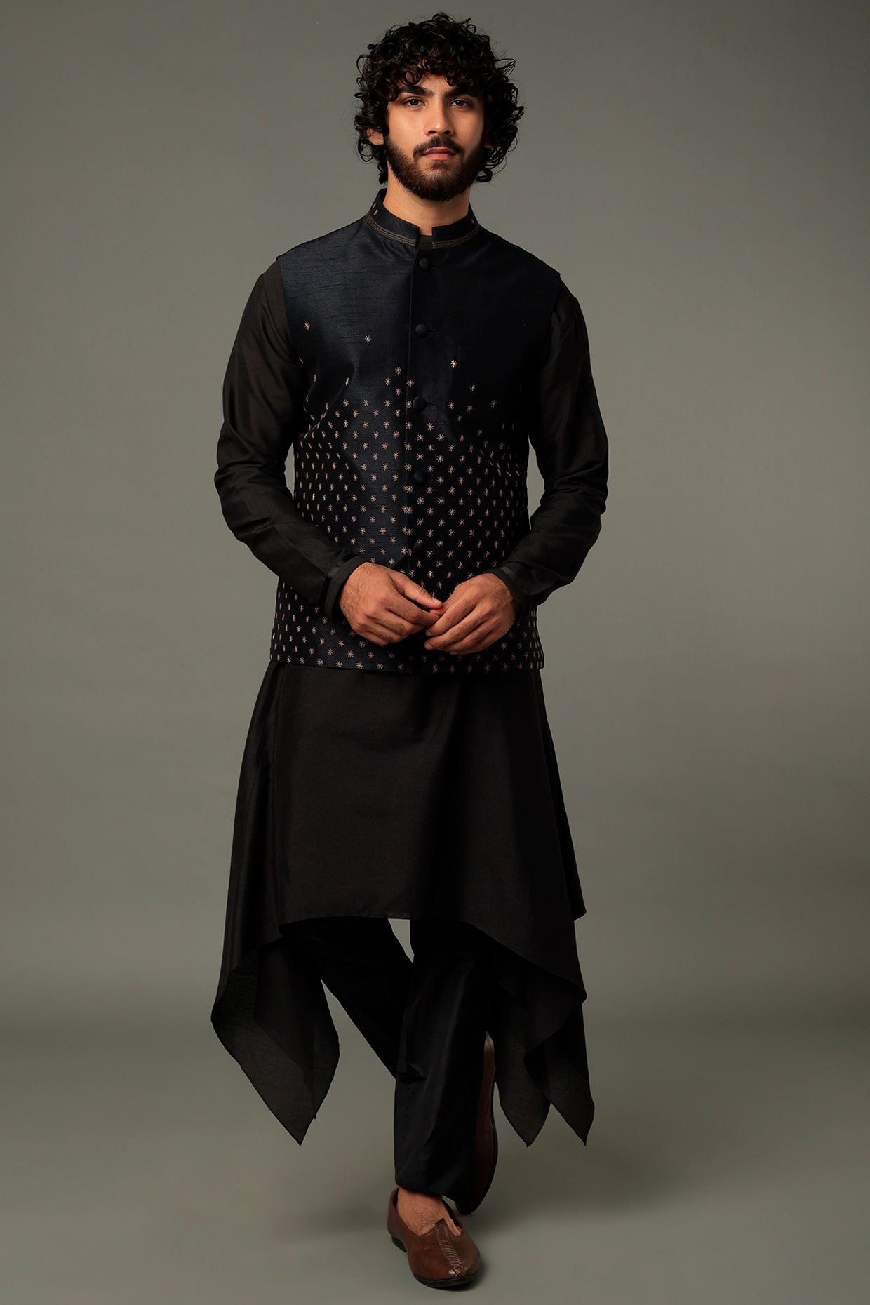 Vivek Karunakaran Black Poly Raw Silk Embroidered Bundi Jacket