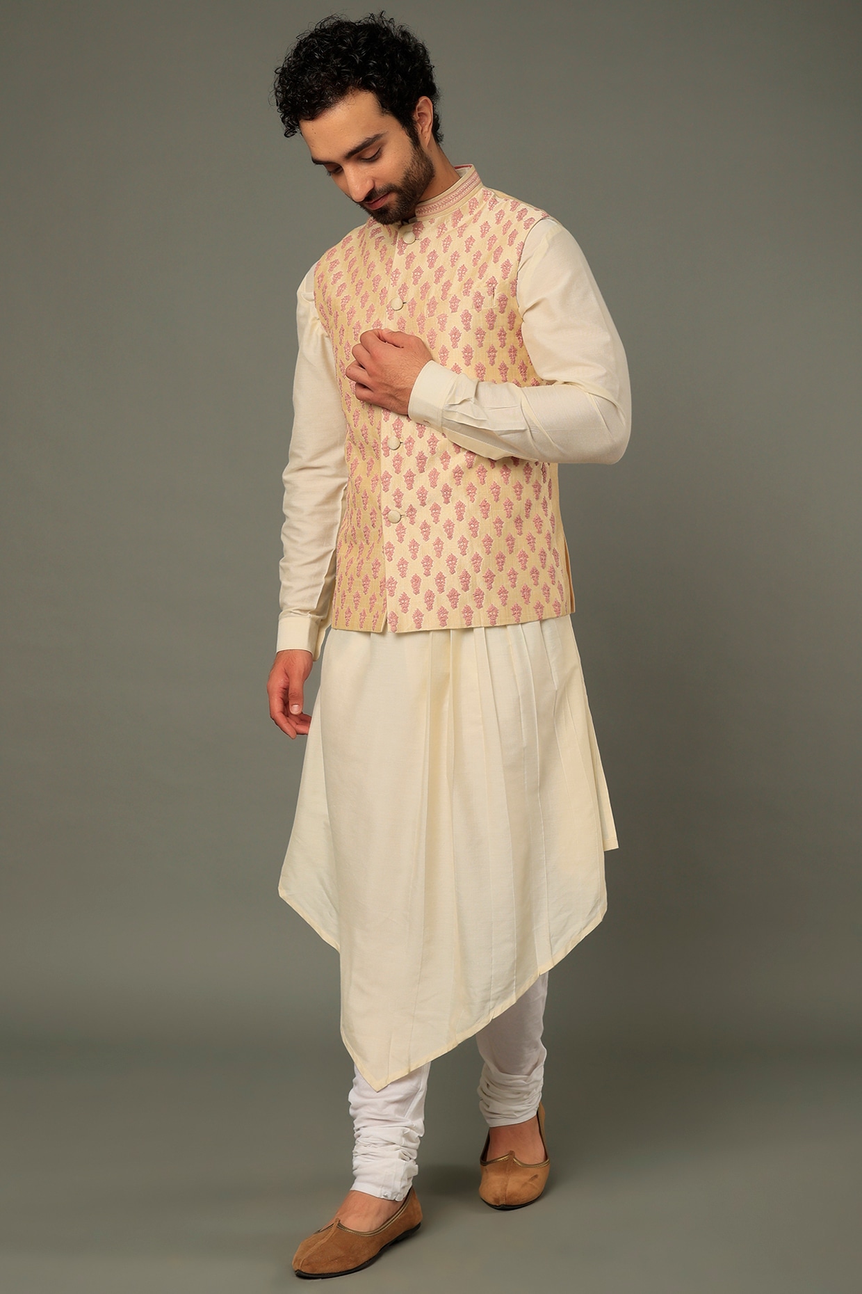 Vivek Karunakaran Beige Raw Silk Embroidered Bundi Jacket