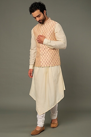Beige Raw Silk Embroidered Bundi Jacket by Vivek Karunakaran
