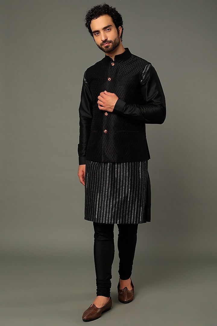 Black Raw Silk Embroidered Bundi Jacket by Vivek Karunakaran