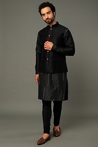 Black Raw Silk Aari Embroidered Bundi Jacket by Vivek Karunakaran