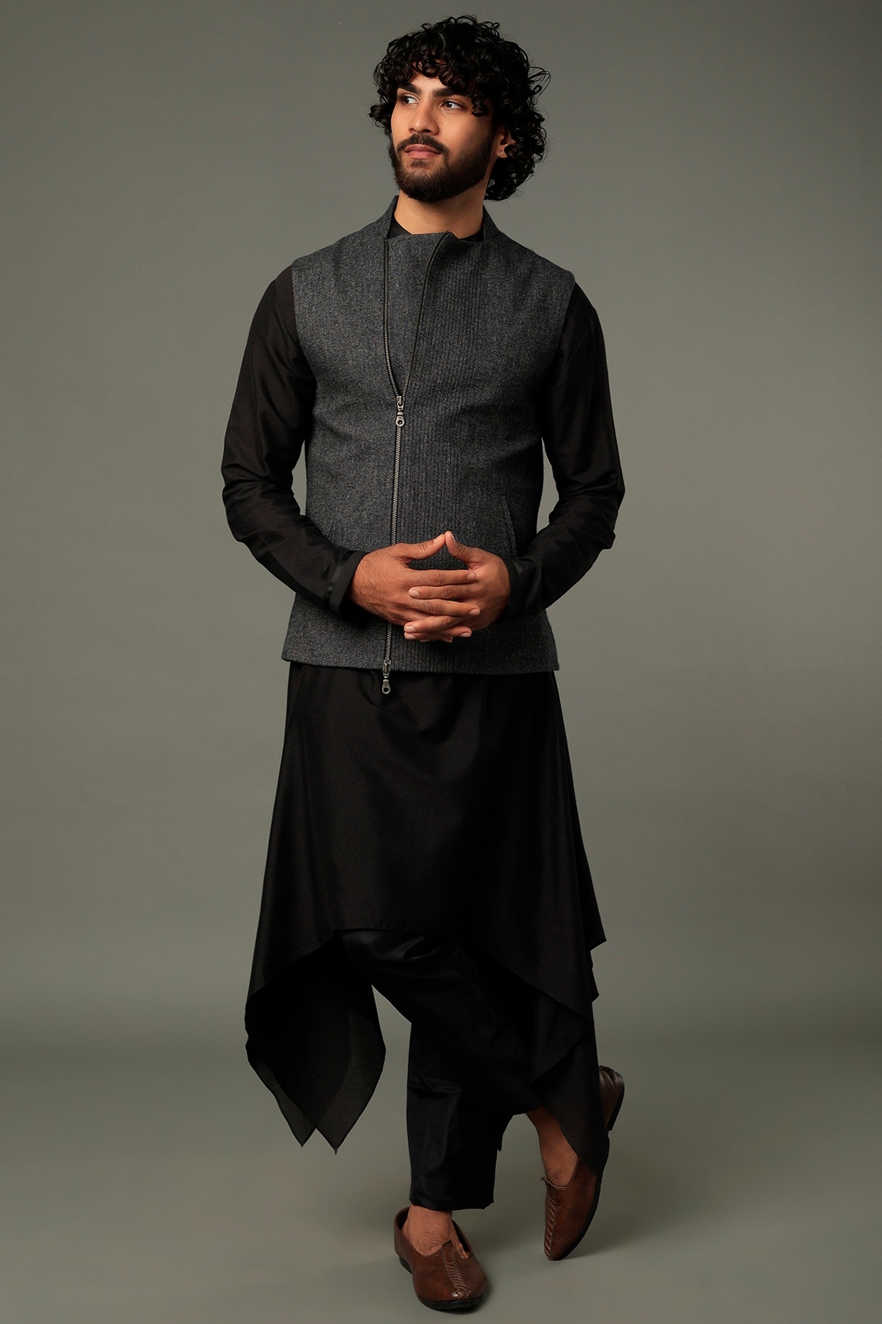 Vivek Karunakaran Grey Poly Raw Silk Bundi Jacket