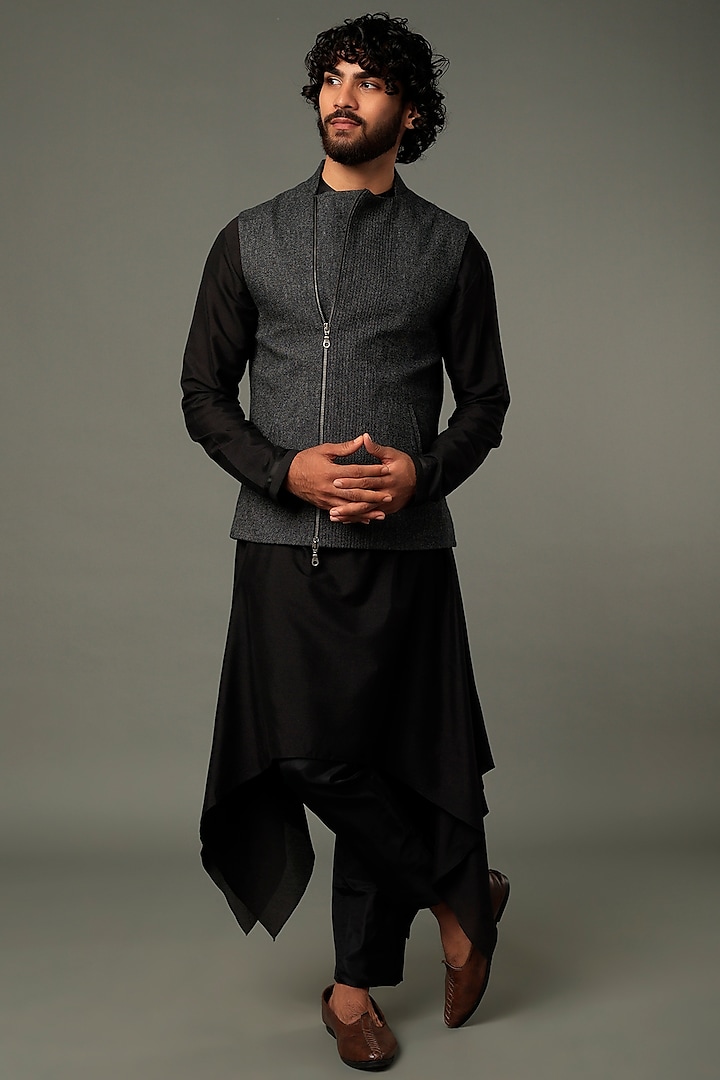 Grey Poly Raw Silk Bundi Jacket by Vivek Karunakaran