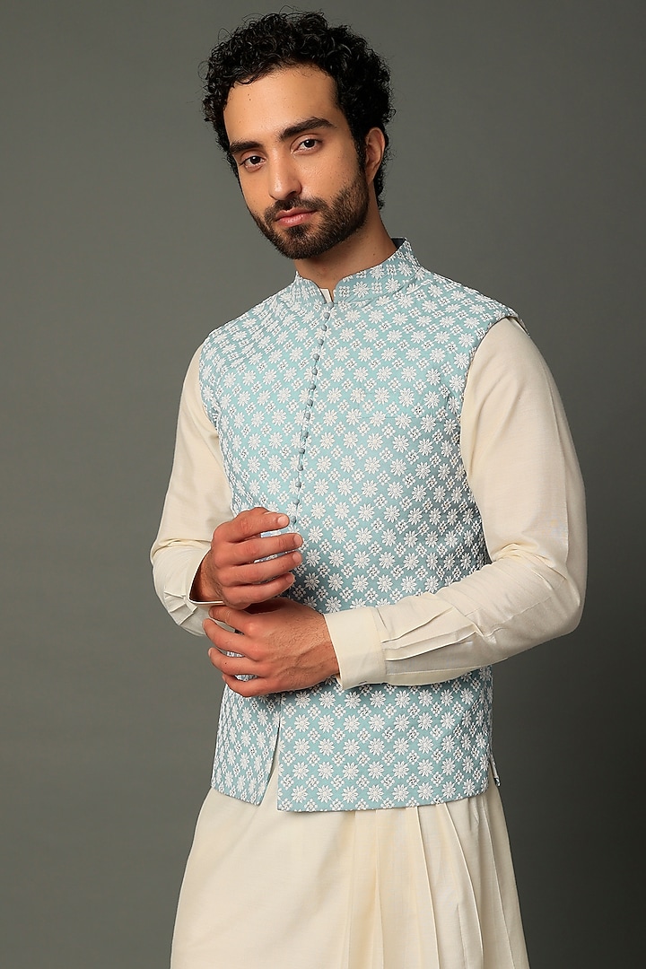 Sky Blue Cotton Floral Embroidered Bundi Jacket by Vivek Karunakaran at Pernia's Pop Up Shop