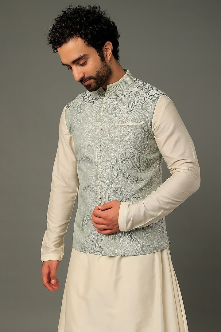 Pista Green Blend Bundi Jacket by Vivek Karunakaran at Pernia's Pop Up Shop