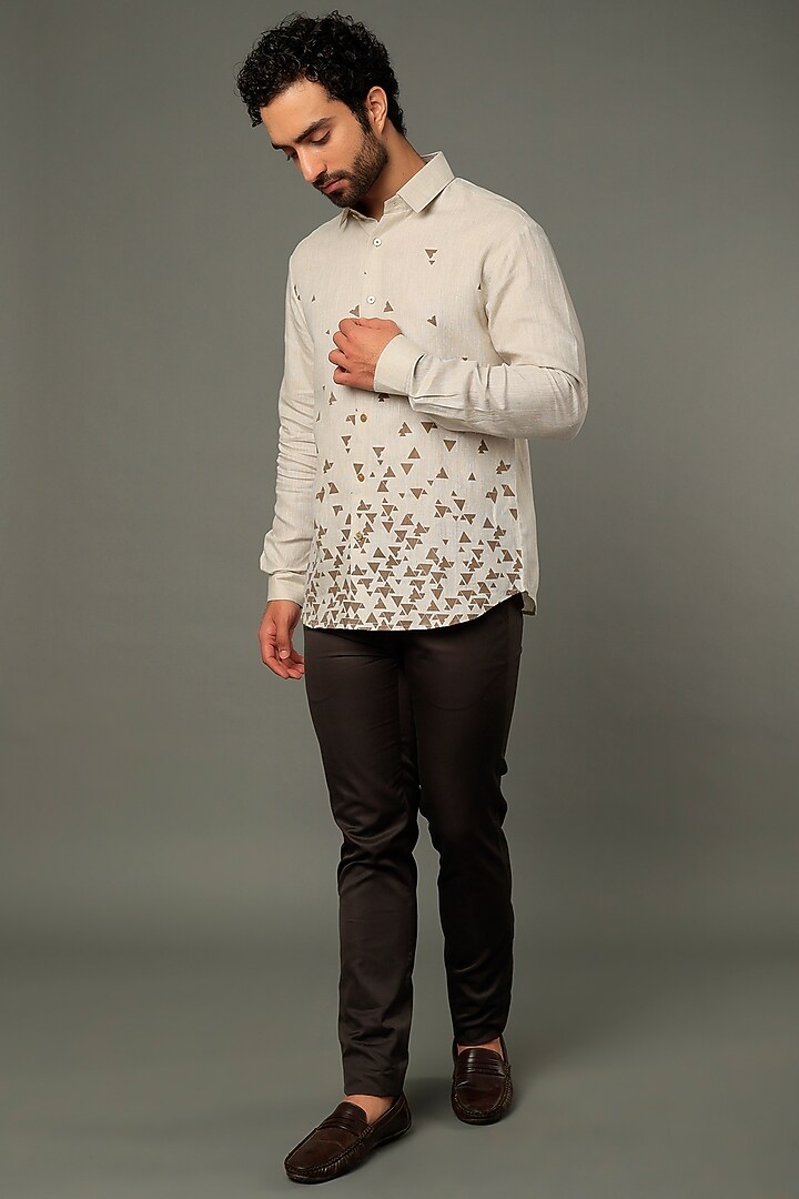 Beige Printed Party Wear Shirt by Vivek Karunakaran at Pernia's Pop Up Shop