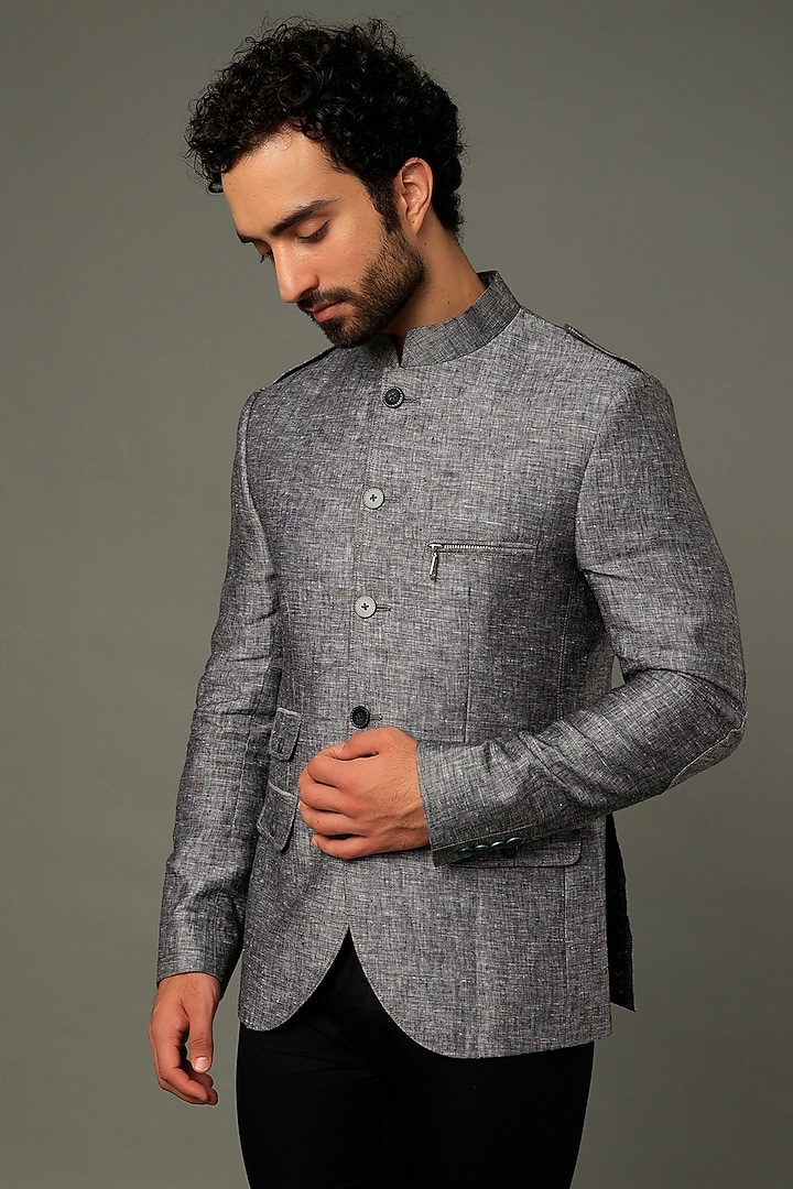 Grey Linen Wedding Bandhgala Jacket by Vivek Karunakaran at Pernia's Pop Up Shop