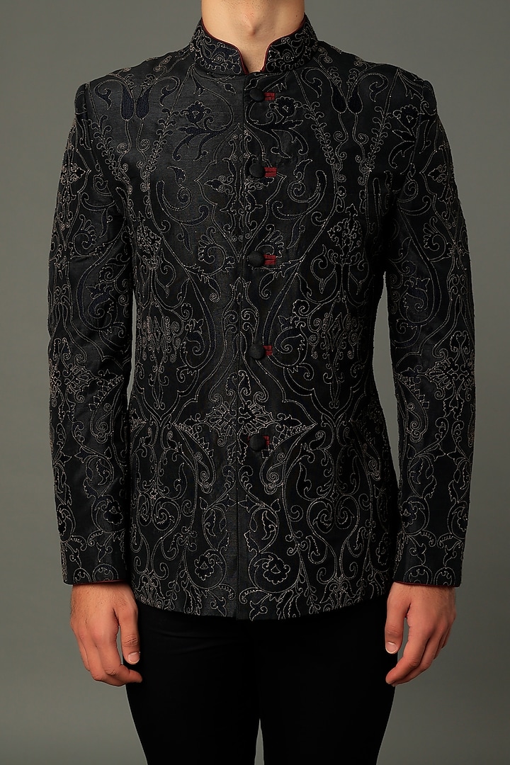Black Embroidered Wedding Bandhgala Jacket by Vivek Karunakaran at Pernia's Pop Up Shop