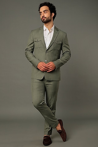 Sage Green Suiting Tuxedo Set by Vivek Karunakaran