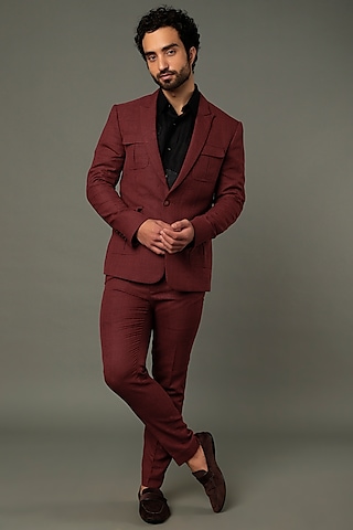 Red Suiting Tuxedo Set by Vivek Karunakaran