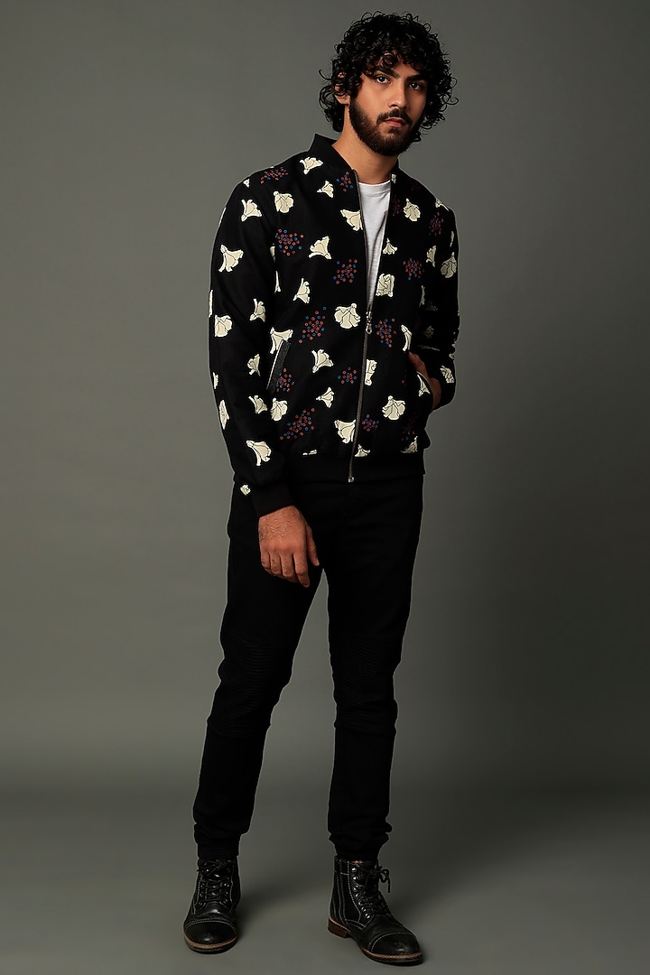 Black Cotton Linen Tulip Printed Bomber Jacket by Vivek Karunakaran at Pernia's Pop Up Shop