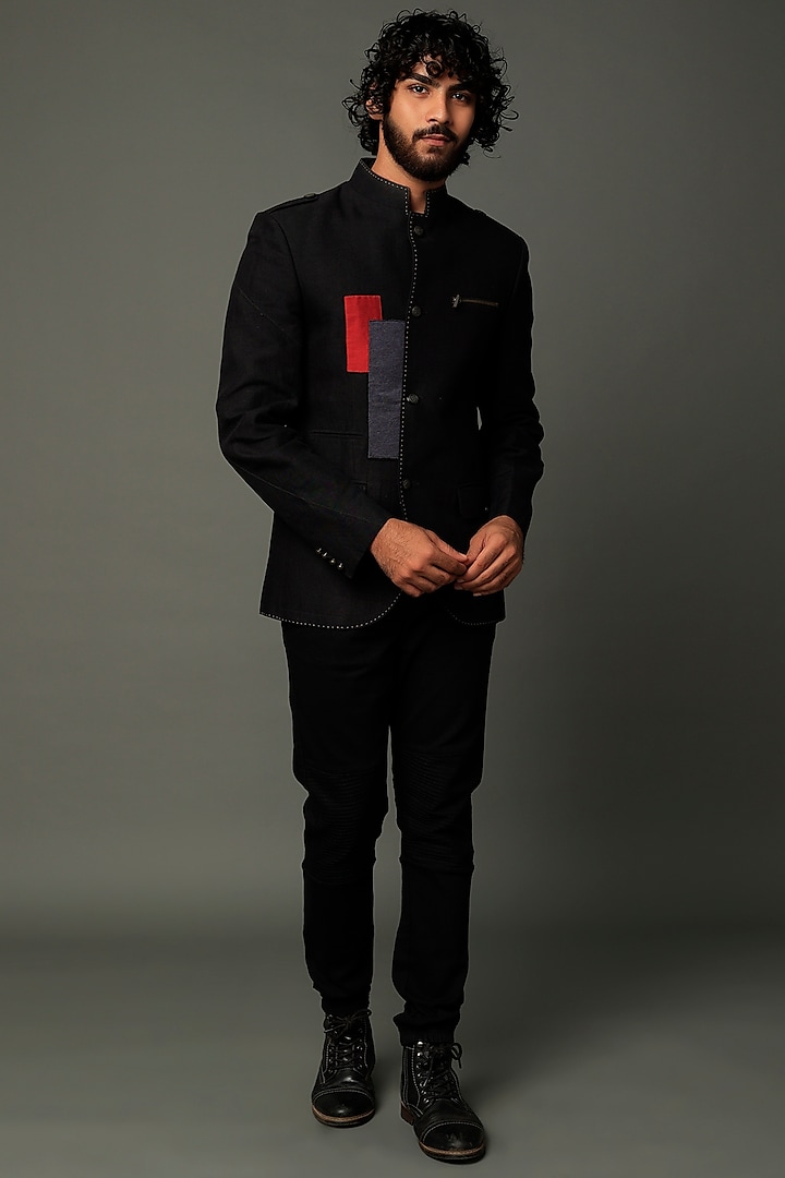 Black Linen Wedding Bandhgala Jacket by Vivek Karunakaran at Pernia's Pop Up Shop