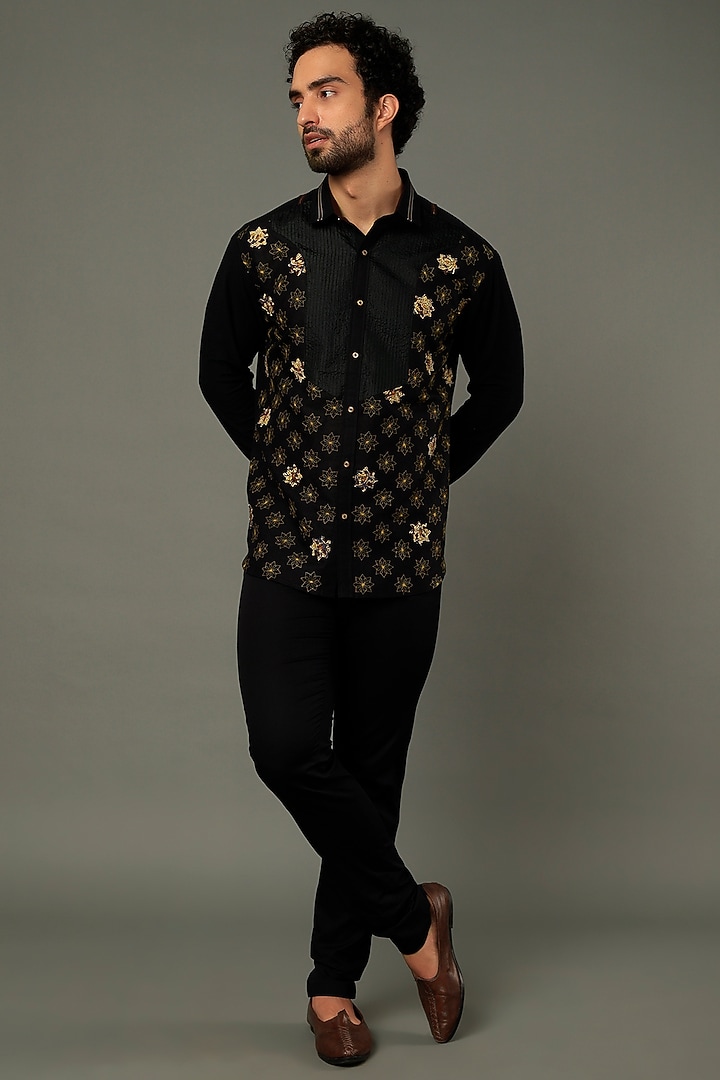 Black Embroidered Party Wear Shirt by Vivek Karunakaran at Pernia's Pop Up Shop