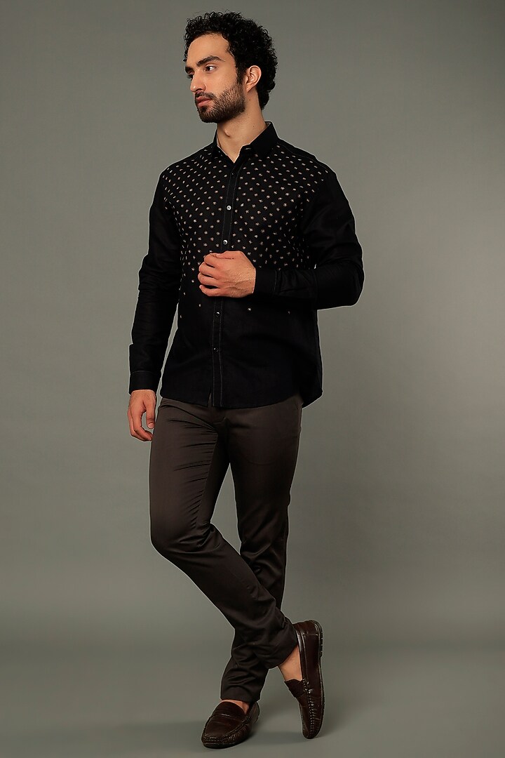 Beige Cotton Embroidered Party Wear Shirt by Vivek Karunakaran at Pernia's Pop Up Shop