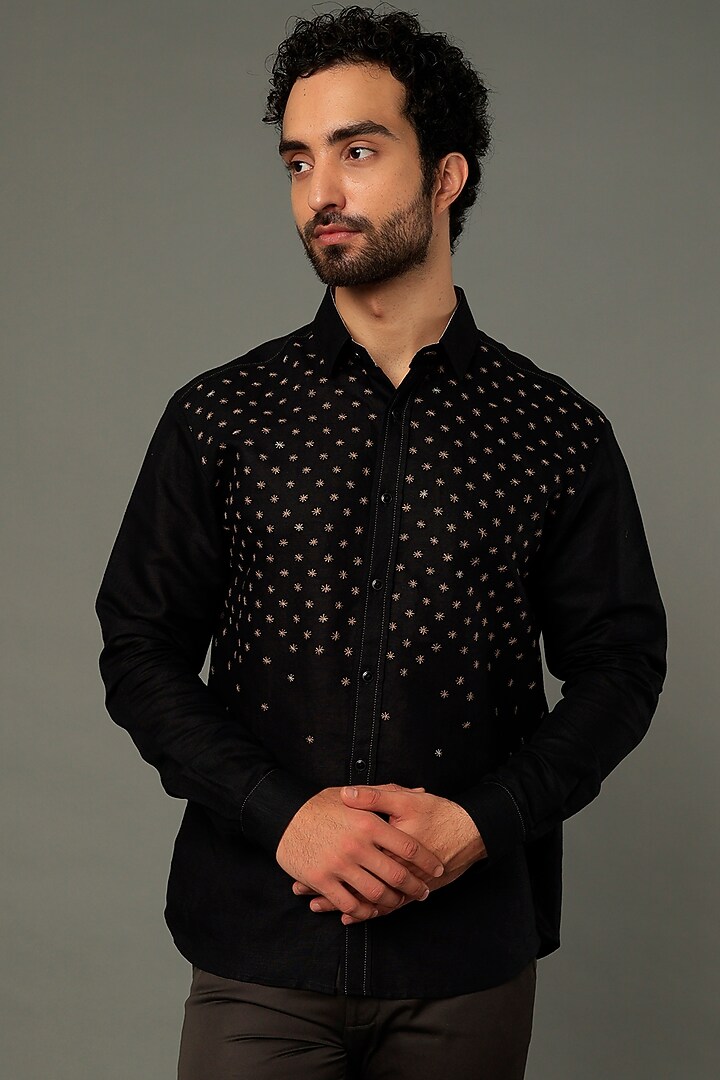 Beige Cotton Embroidered Party Wear Shirt by Vivek Karunakaran at Pernia's Pop Up Shop
