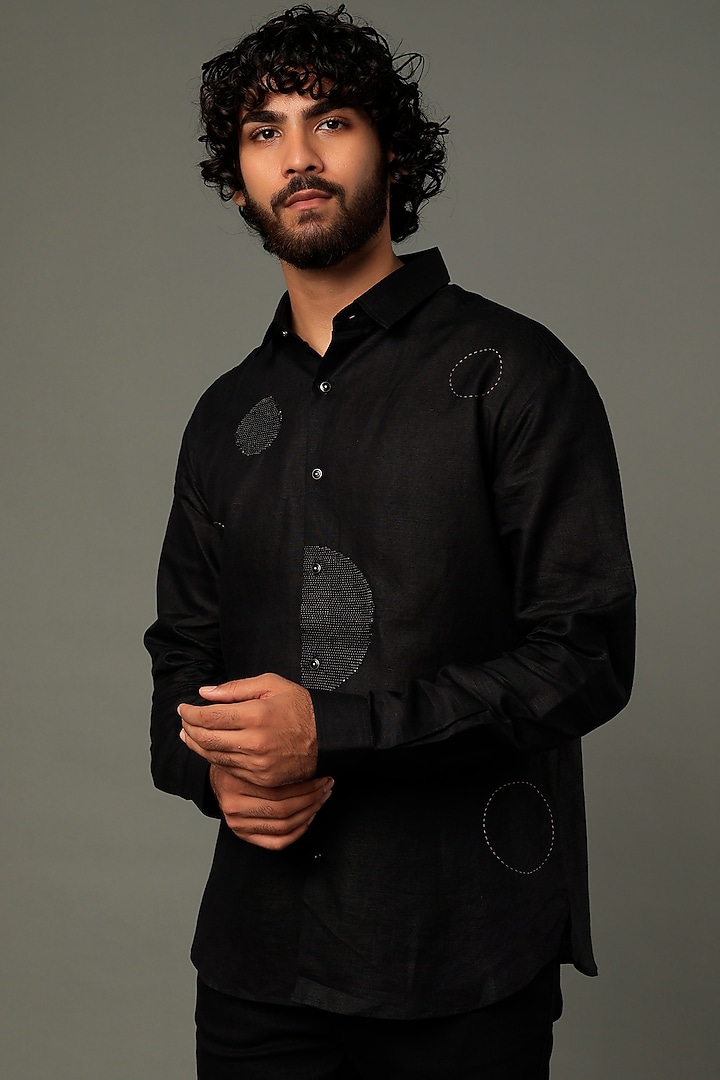 Black Cotton Linen Party Wear Shirt by Vivek Karunakaran at Pernia's Pop Up Shop