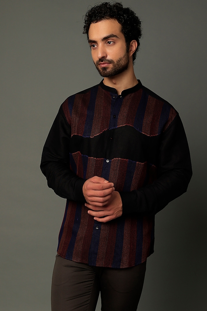 Black Cotton Embroidered Party Wear Shirt by Vivek Karunakaran at Pernia's Pop Up Shop
