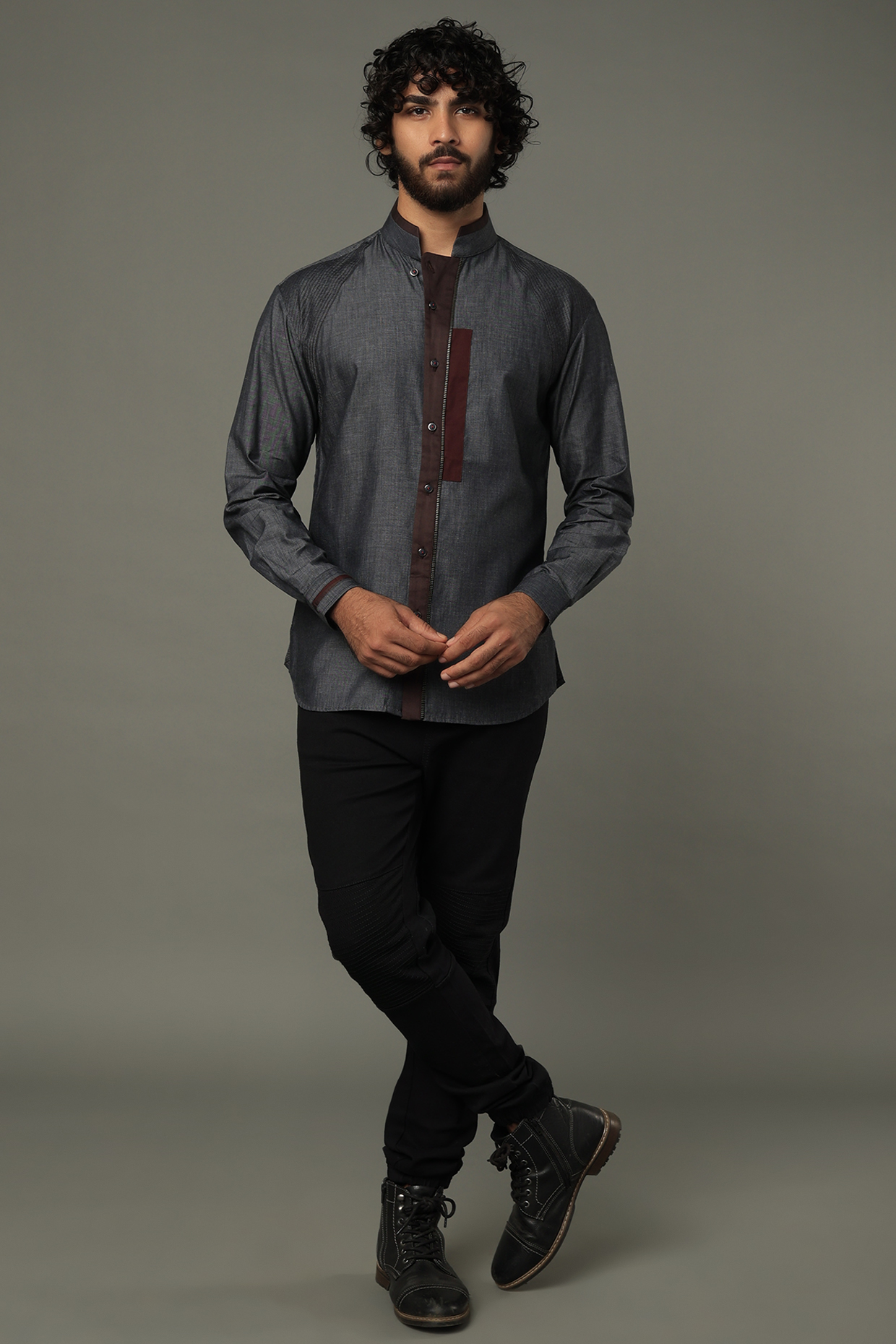 Grey Cotton Shirt by Vivek Karunakaran