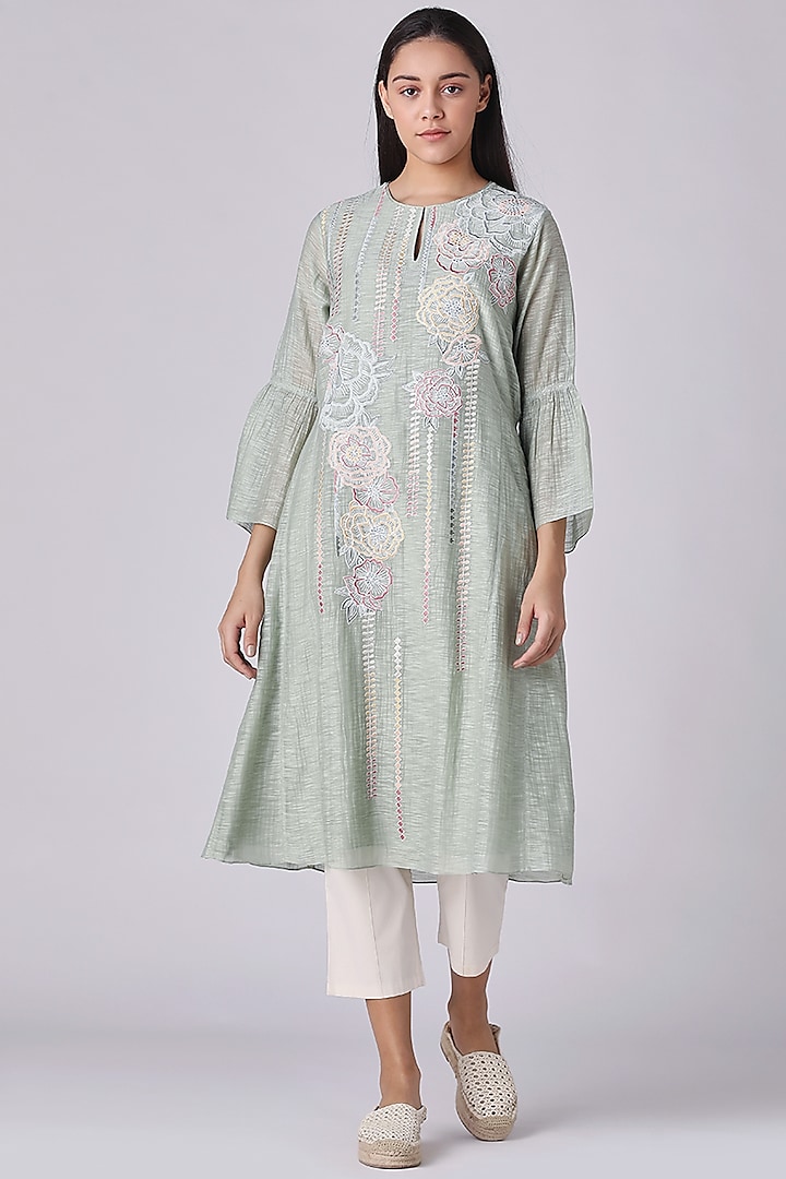 Jade Green Embroidered Tunic by Varq By Varun Nidhika