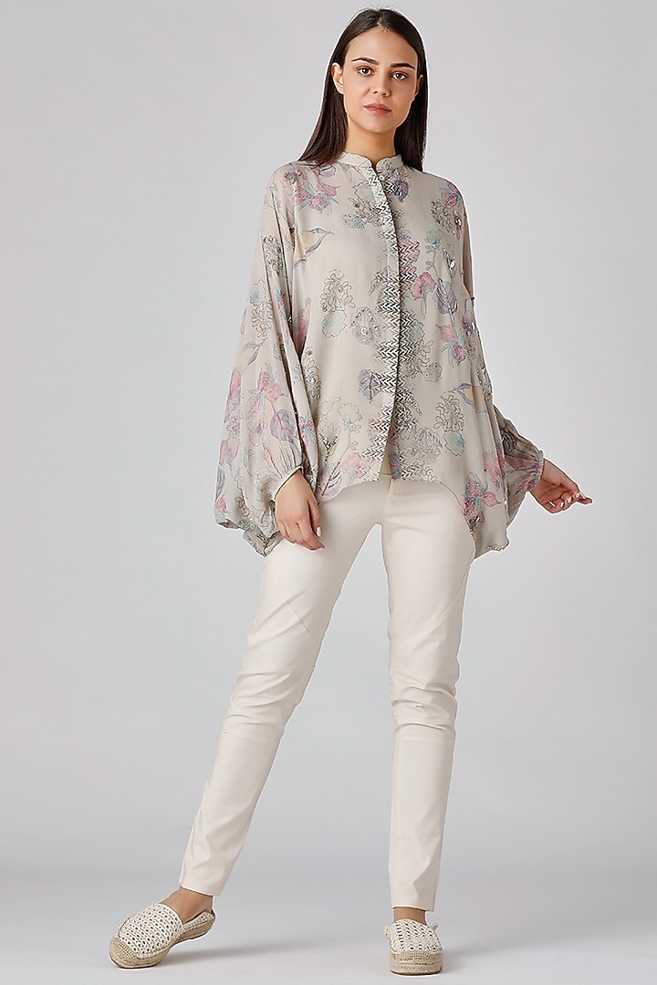 Beige Floral Printed Top by Varq By Varun Nidhika at Pernia's Pop Up Shop