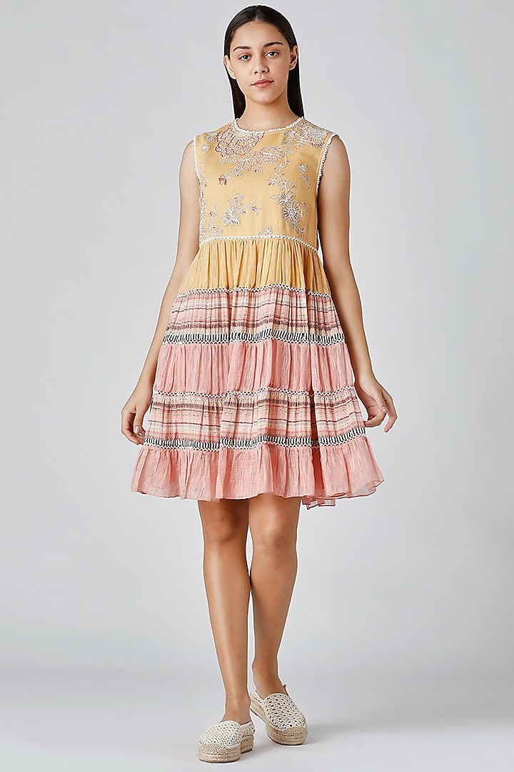 Yellow & Pink Embroidered Dress by Varq By Varun Nidhika