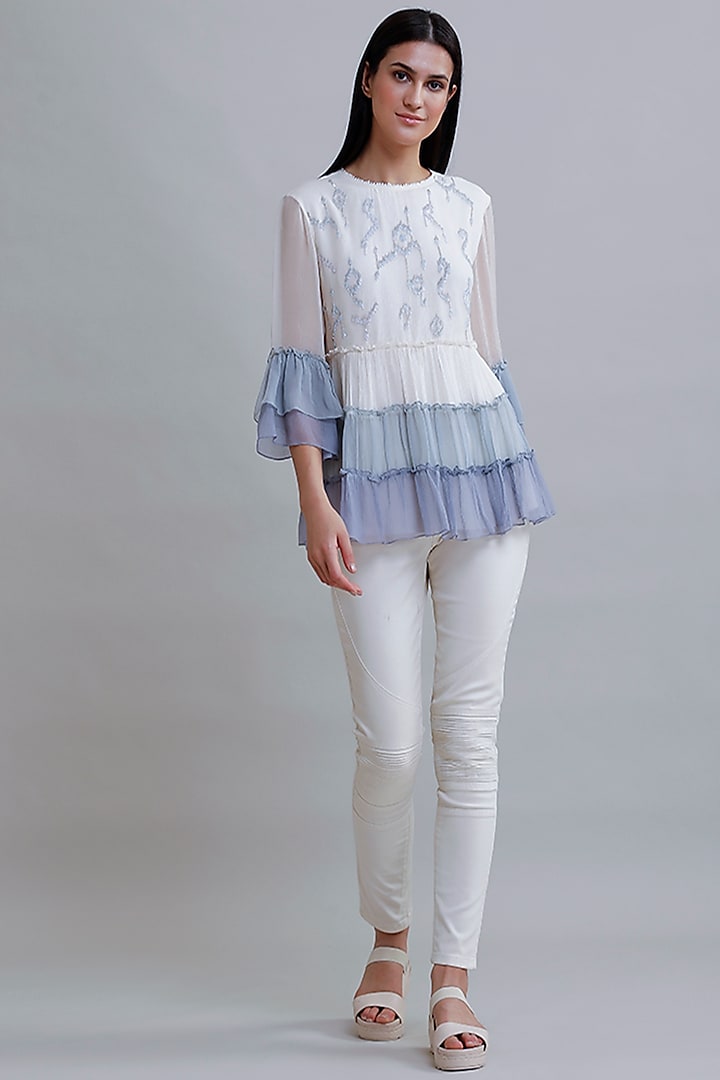 White & Blue Embroidered Top by Varq By Varun Nidhika