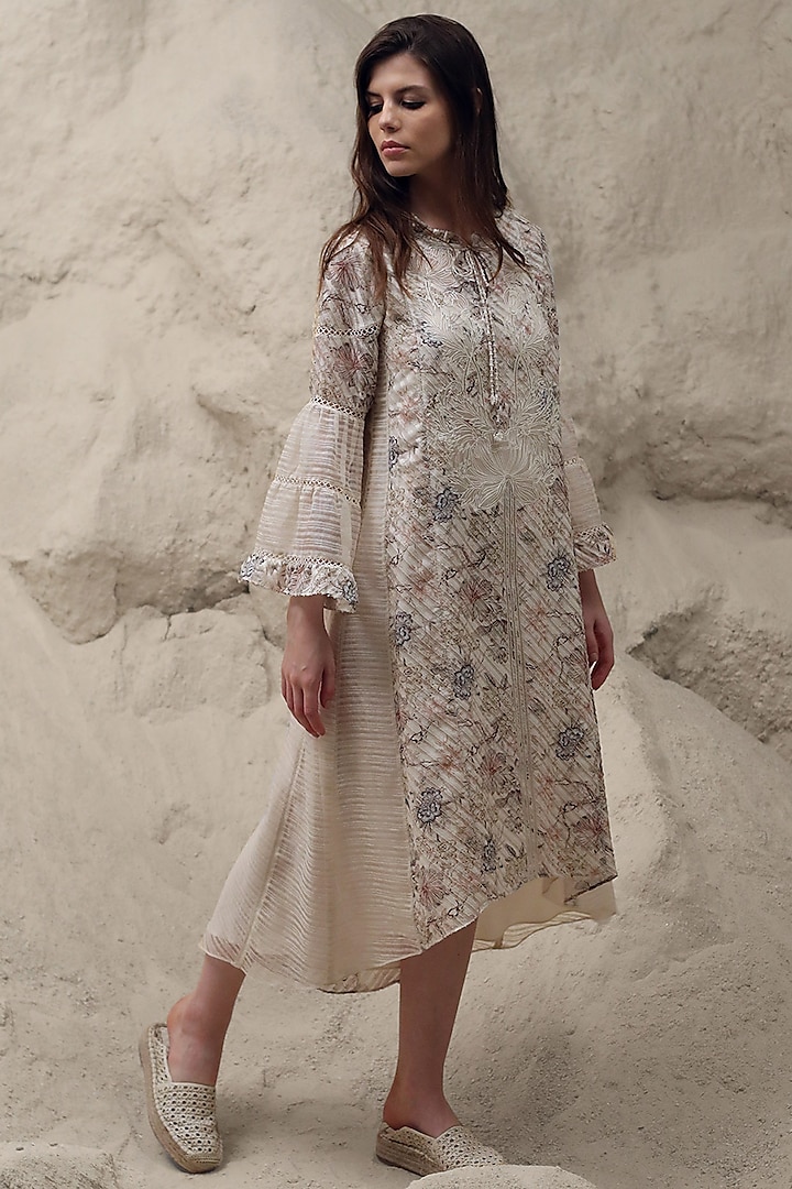 Ivory Printed & Embroidered Dress With Inner by Varq By Varun Nidhika